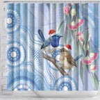 Australia Superb Fairywren Christmas Shower Curtain Aboriginal Eucalyptus Blossoms Watercolor - Aussie Hoodie
