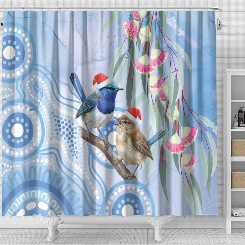 Australia Superb Fairywren Christmas Shower Curtain Aboriginal Eucalyptus Blossoms Watercolor - Aussie Hoodie