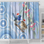 Australia Superb Fairywren Christmas Shower Curtain Aboriginal Eucalyptus Blossoms Watercolor - Aussie Hoodie