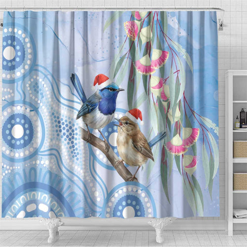 Australia Superb Fairywren Christmas Shower Curtain Aboriginal Eucalyptus Blossoms Watercolor - Aussie Hoodie