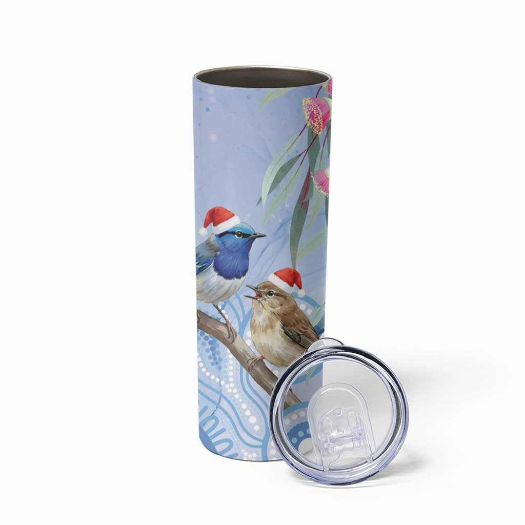 Australia Superb Fairywren Christmas Skinny Tumbler Aboriginal Eucalyptus Blossoms Watercolor - Aussie Hoodie