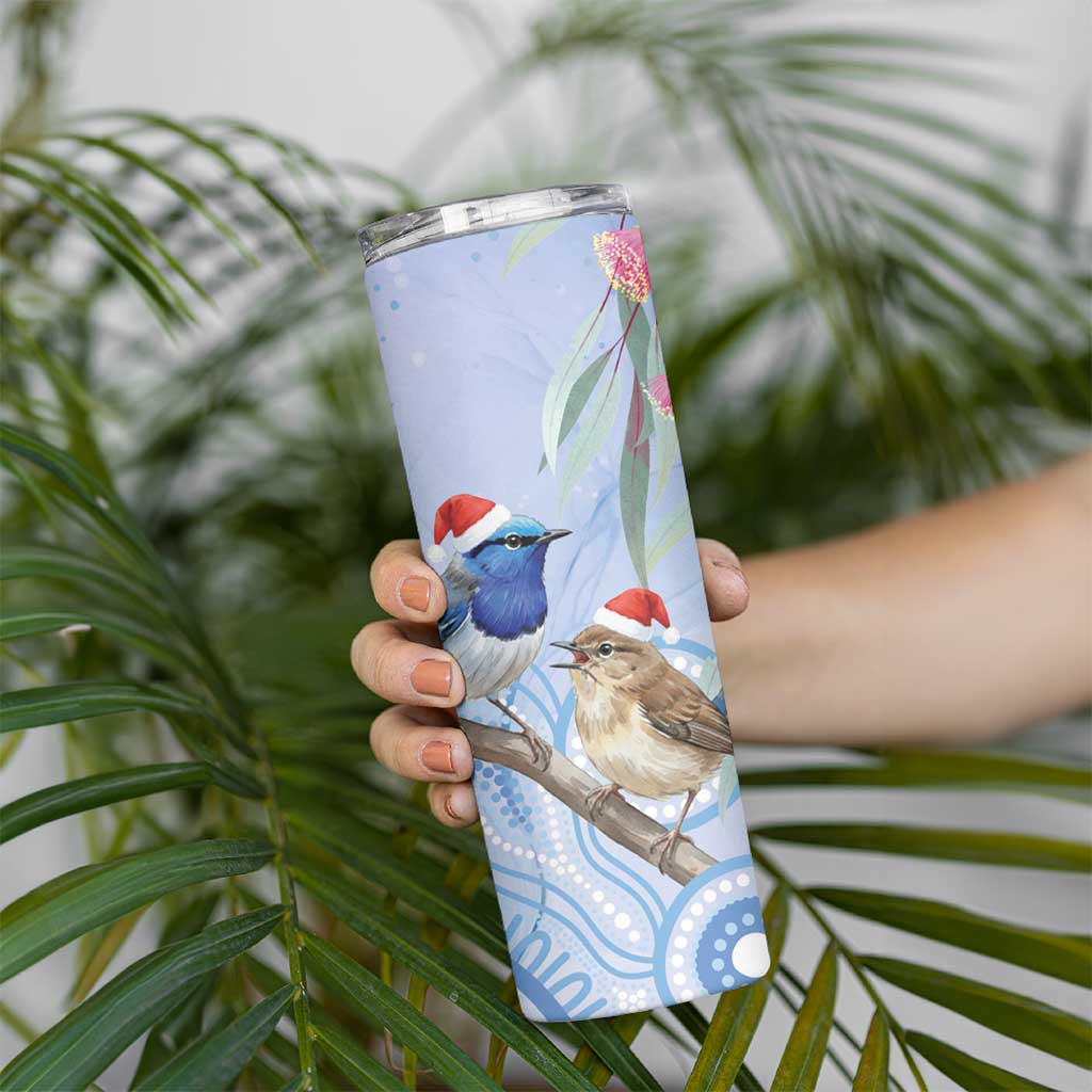 Australia Superb Fairywren Christmas Skinny Tumbler Aboriginal Eucalyptus Blossoms Watercolor - Aussie Hoodie