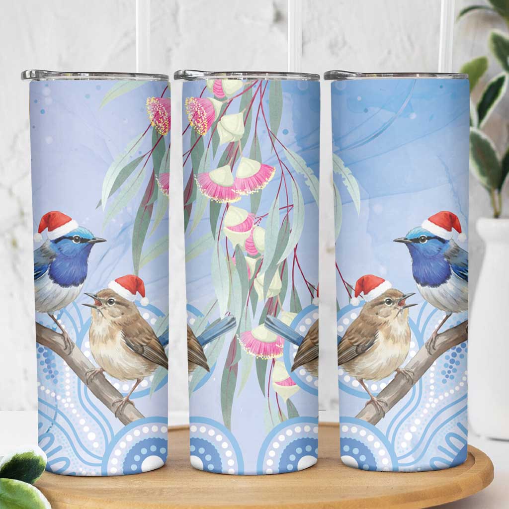Australia Superb Fairywren Christmas Skinny Tumbler Aboriginal Eucalyptus Blossoms Watercolor - Aussie Hoodie