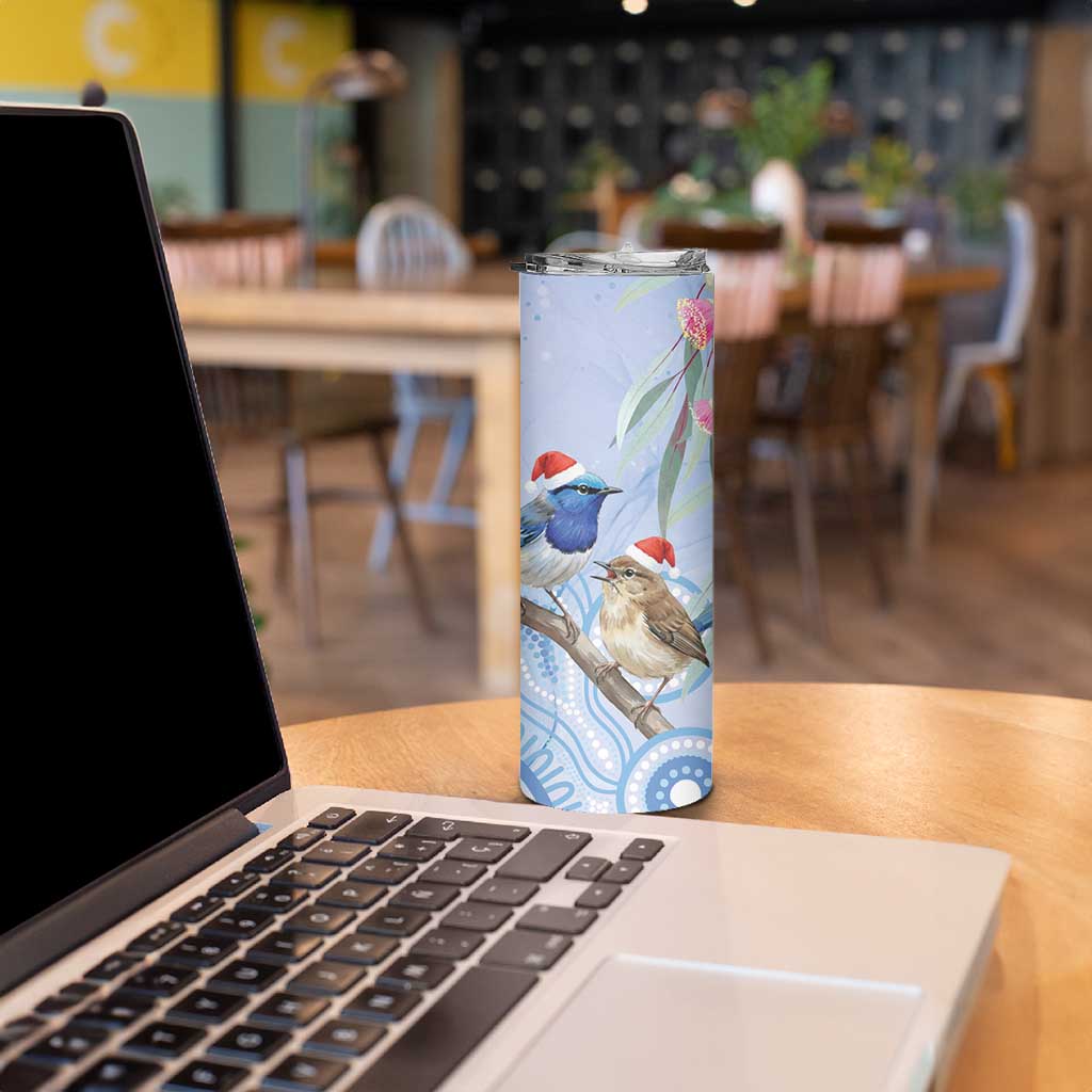 Australia Superb Fairywren Christmas Skinny Tumbler Aboriginal Eucalyptus Blossoms Watercolor - Aussie Hoodie