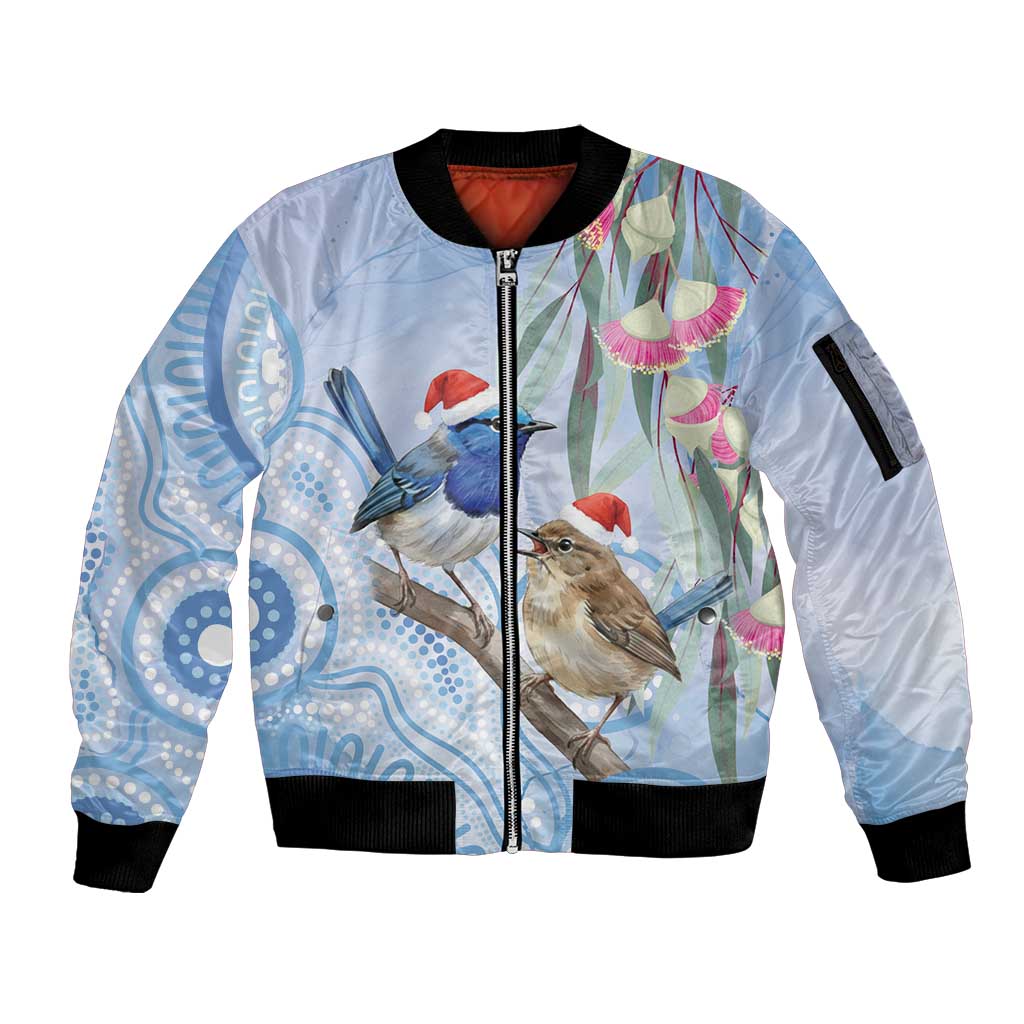 Australia Superb Fairywren Christmas Sleeve Zip Bomber Jacket Aboriginal Eucalyptus Blossoms Watercolor - Aussie Hoodie