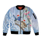 Australia Superb Fairywren Christmas Sleeve Zip Bomber Jacket Aboriginal Eucalyptus Blossoms Watercolor - Aussie Hoodie