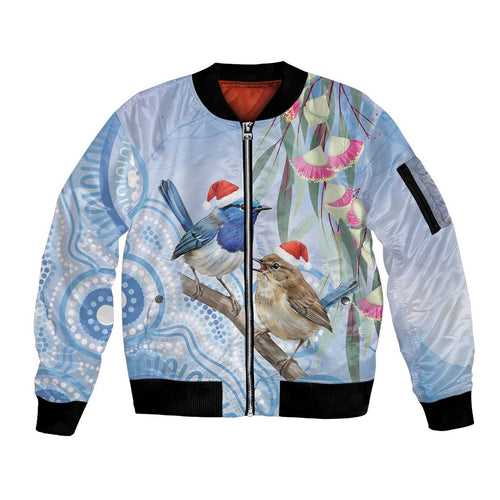 Australia Superb Fairywren Christmas Sleeve Zip Bomber Jacket Aboriginal Eucalyptus Blossoms Watercolor - Aussie Hoodie