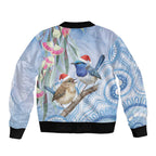 Australia Superb Fairywren Christmas Sleeve Zip Bomber Jacket Aboriginal Eucalyptus Blossoms Watercolor - Aussie Hoodie