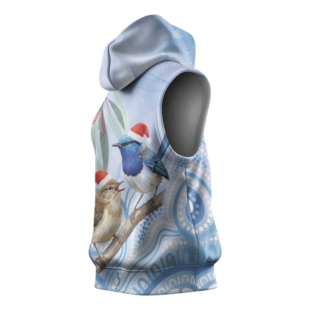 Australia Superb Fairywren Christmas Sleeveless Hoodie Aboriginal Eucalyptus Blossoms Watercolor - Aussie Hoodie
