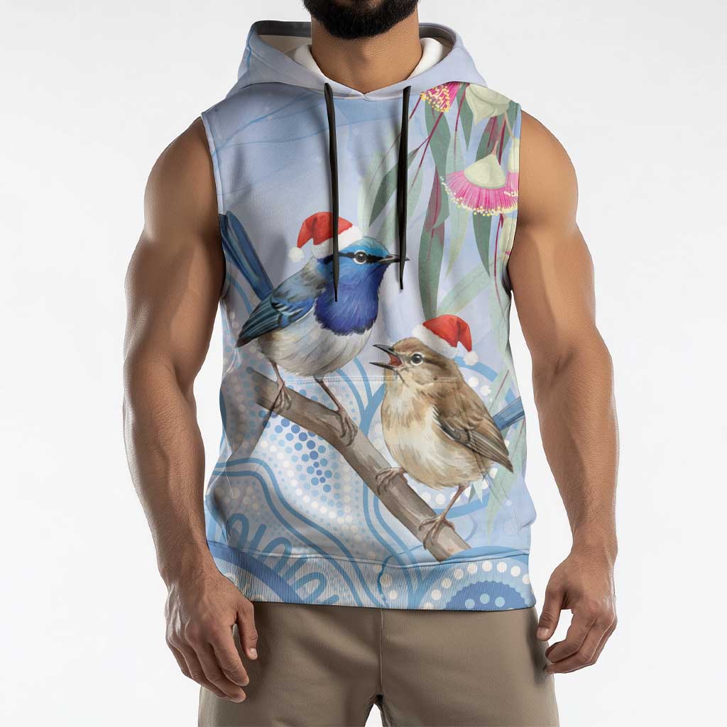 Australia Superb Fairywren Christmas Sleeveless Hoodie Aboriginal Eucalyptus Blossoms Watercolor - Aussie Hoodie