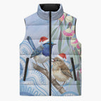 Australia Superb Fairywren Christmas Sleeveless Puffer Jacket Aboriginal Eucalyptus Blossoms Watercolor - Aussie Hoodie