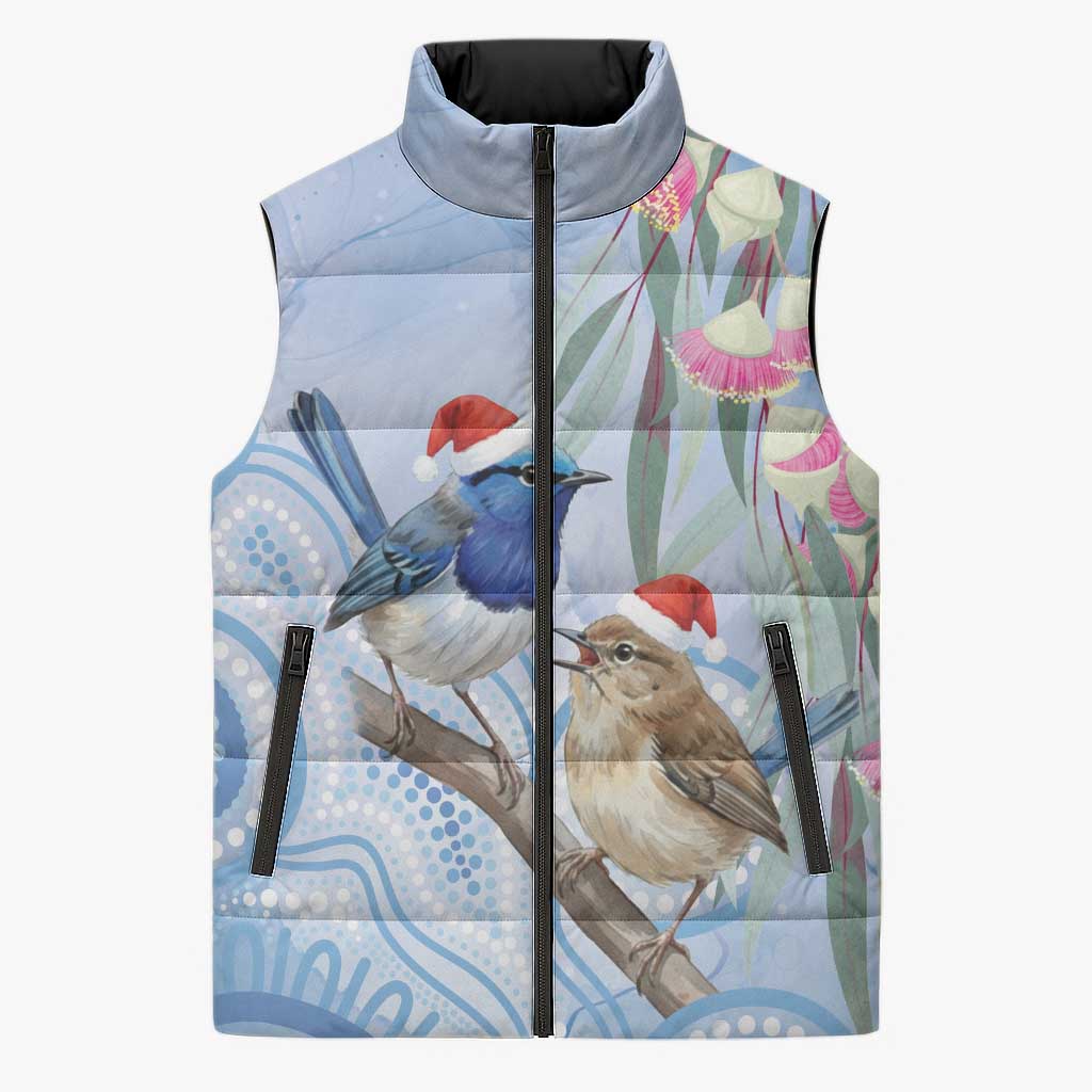 Australia Superb Fairywren Christmas Sleeveless Puffer Jacket Aboriginal Eucalyptus Blossoms Watercolor - Aussie Hoodie