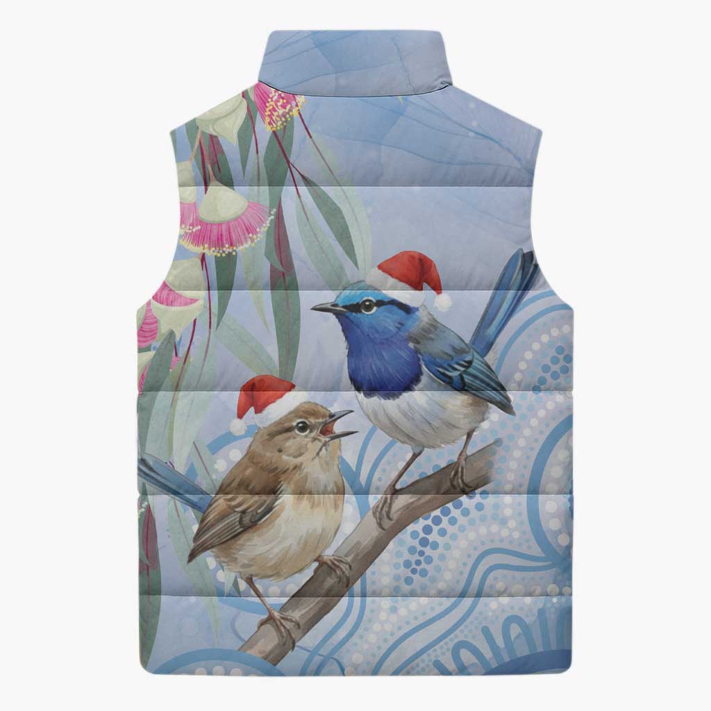 Australia Superb Fairywren Christmas Sleeveless Puffer Jacket Aboriginal Eucalyptus Blossoms Watercolor - Aussie Hoodie