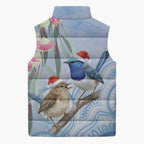 Australia Superb Fairywren Christmas Sleeveless Puffer Jacket Aboriginal Eucalyptus Blossoms Watercolor - Aussie Hoodie