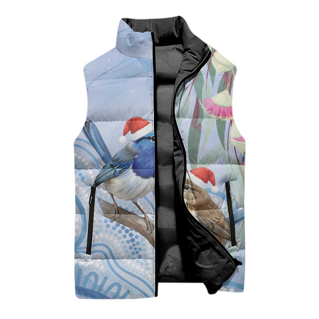 Australia Superb Fairywren Christmas Sleeveless Puffer Jacket Aboriginal Eucalyptus Blossoms Watercolor - Aussie Hoodie
