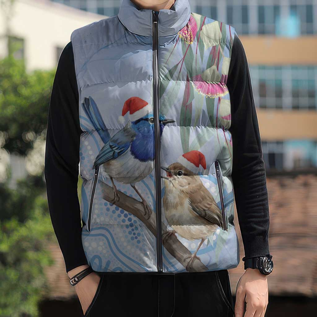 Australia Superb Fairywren Christmas Sleeveless Puffer Jacket Aboriginal Eucalyptus Blossoms Watercolor - Aussie Hoodie