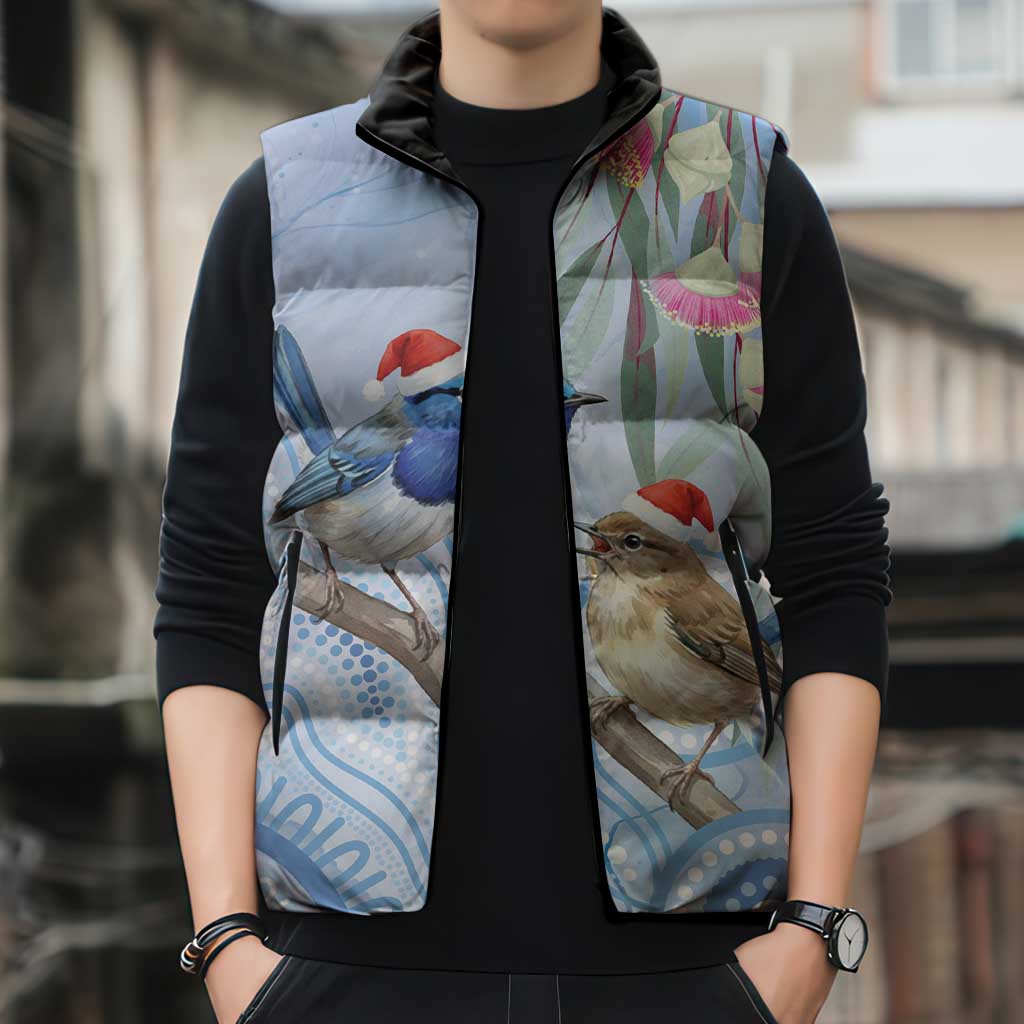Australia Superb Fairywren Christmas Sleeveless Puffer Jacket Aboriginal Eucalyptus Blossoms Watercolor - Aussie Hoodie