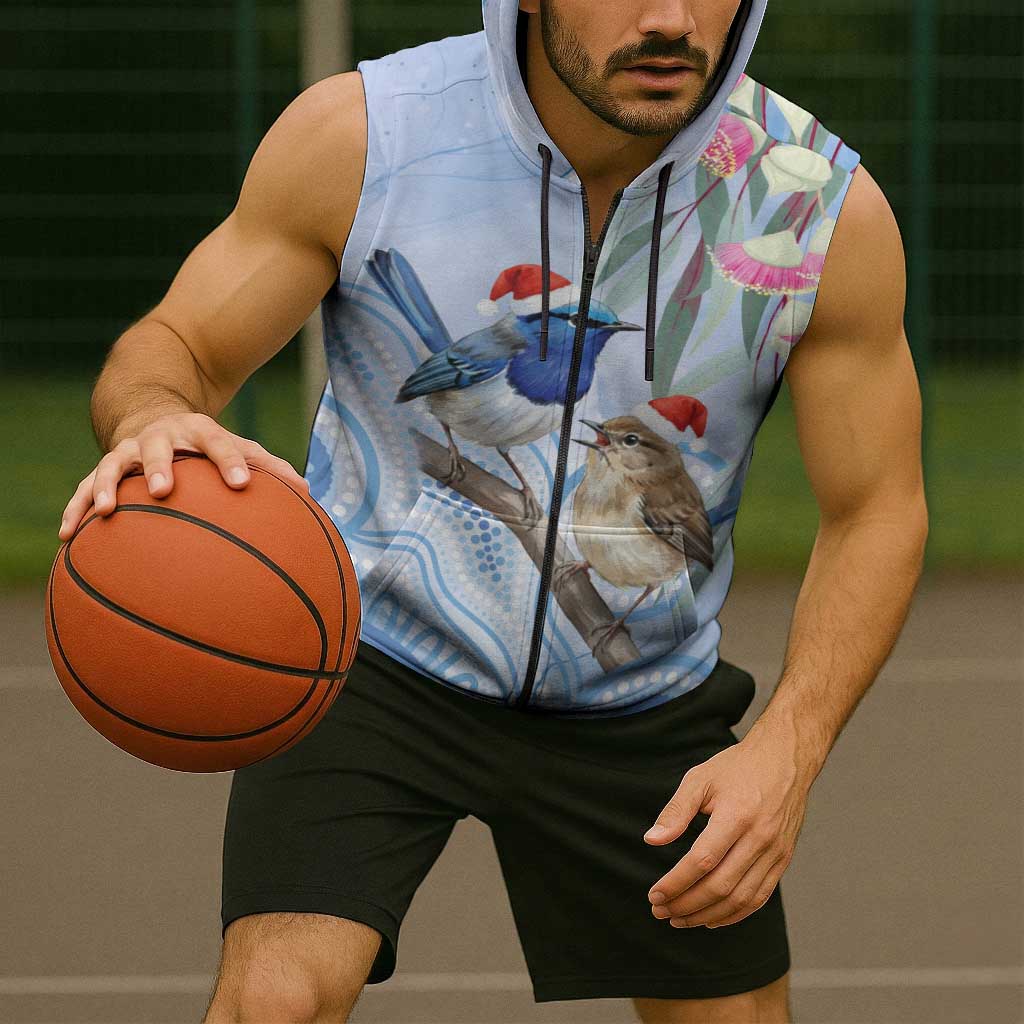 Australia Superb Fairywren Christmas Sleeveless Zip Hoodie Aboriginal Eucalyptus Blossoms Watercolor LT14