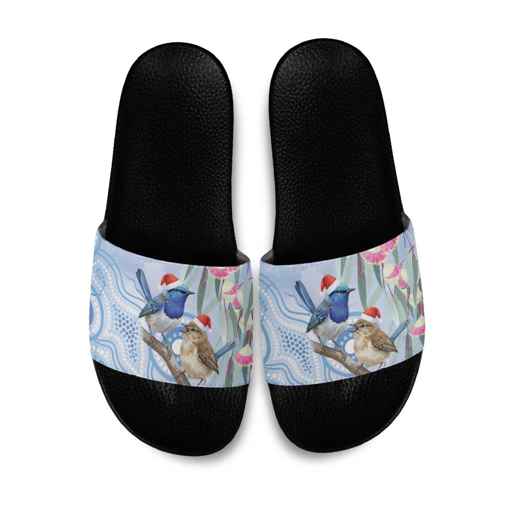 Australia Superb Fairywren Christmas Slide Sandals Aboriginal Eucalyptus Blossoms Watercolor - Aussie Hoodie