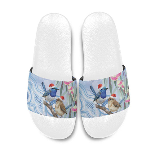 Australia Superb Fairywren Christmas Slide Sandals Aboriginal Eucalyptus Blossoms Watercolor - Aussie Hoodie