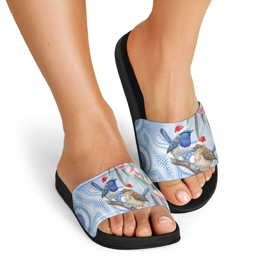 Australia Superb Fairywren Christmas Slide Sandals Aboriginal Eucalyptus Blossoms Watercolor - Aussie Hoodie