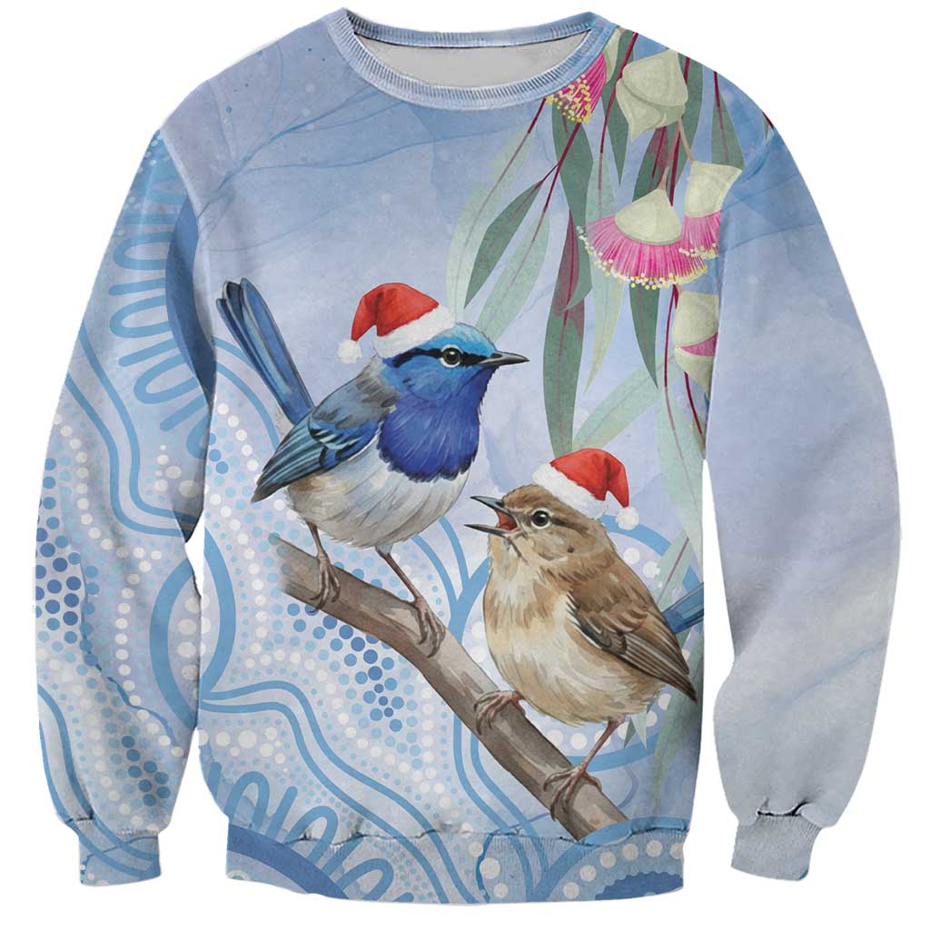 Australia Superb Fairywren Christmas Sweatshirt Aboriginal Eucalyptus Blossoms Watercolor - Aussie Hoodie