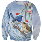 Australia Superb Fairywren Christmas Sweatshirt Aboriginal Eucalyptus Blossoms Watercolor - Aussie Hoodie