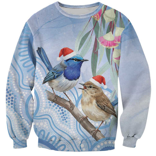 Australia Superb Fairywren Christmas Sweatshirt Aboriginal Eucalyptus Blossoms Watercolor - Aussie Hoodie