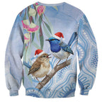 Australia Superb Fairywren Christmas Sweatshirt Aboriginal Eucalyptus Blossoms Watercolor - Aussie Hoodie