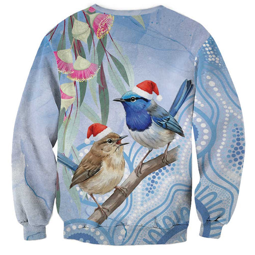 Australia Superb Fairywren Christmas Sweatshirt Aboriginal Eucalyptus Blossoms Watercolor - Aussie Hoodie