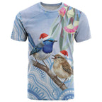 Australia Superb Fairywren Christmas T Shirt Aboriginal Eucalyptus Blossoms Watercolor - Aussie Hoodie