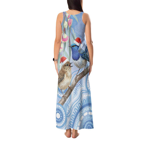 Australia Superb Fairywren Christmas Tank Maxi Dress Aboriginal Eucalyptus Blossoms Watercolor - Aussie Hoodie
