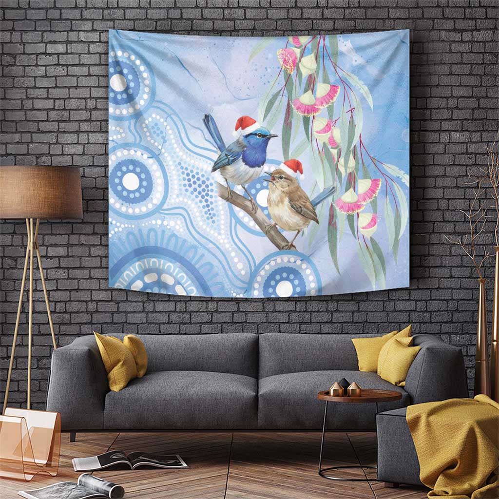 Australia Superb Fairywren Christmas Tapestry Aboriginal Eucalyptus Blossoms Watercolor - Aussie Hoodie