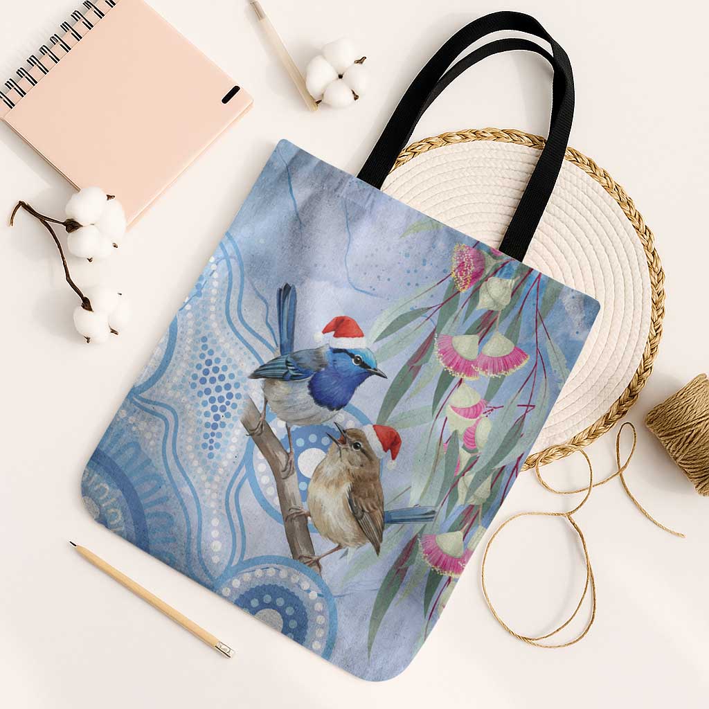 Australia Superb Fairywren Christmas Tote Bag Aboriginal Eucalyptus Blossoms Watercolor - Aussie Hoodie