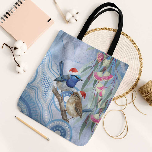 Australia Superb Fairywren Christmas Tote Bag Aboriginal Eucalyptus Blossoms Watercolor - Aussie Hoodie