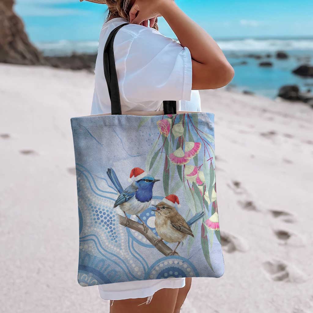 Australia Superb Fairywren Christmas Tote Bag Aboriginal Eucalyptus Blossoms Watercolor - Aussie Hoodie