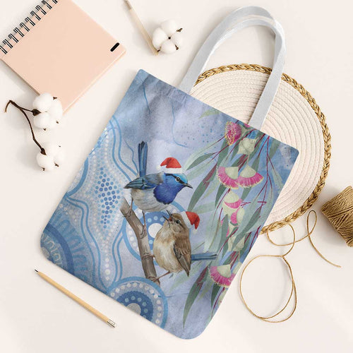 Australia Superb Fairywren Christmas Tote Bag Aboriginal Eucalyptus Blossoms Watercolor - Aussie Hoodie