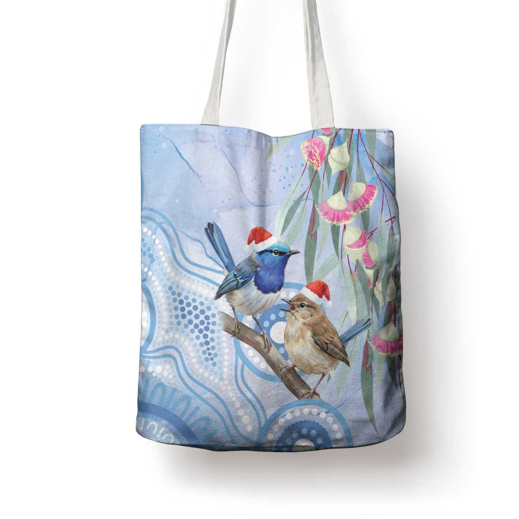 Australia Superb Fairywren Christmas Tote Bag Aboriginal Eucalyptus Blossoms Watercolor - Aussie Hoodie