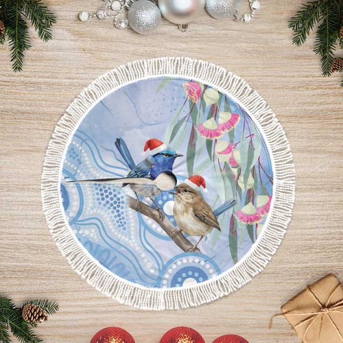 Australia Superb Fairywren Christmas Tree Skirt Aboriginal Eucalyptus Blossoms Watercolor - Aussie Hoodie