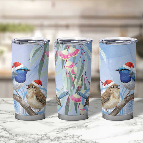 Australia Superb Fairywren Christmas Tumbler Cup Aboriginal Eucalyptus Blossoms Watercolor - Aussie Hoodie