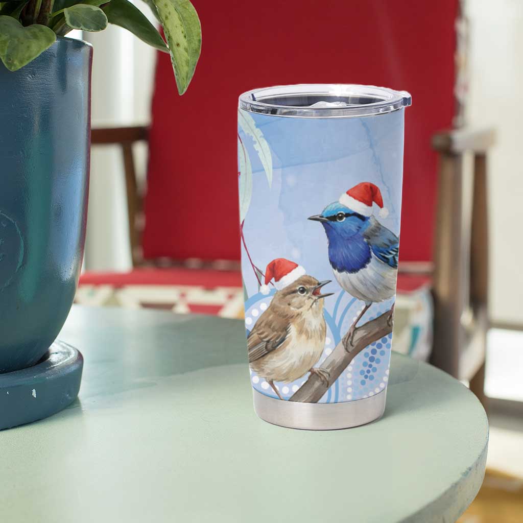 Australia Superb Fairywren Christmas Tumbler Cup Aboriginal Eucalyptus Blossoms Watercolor - Aussie Hoodie