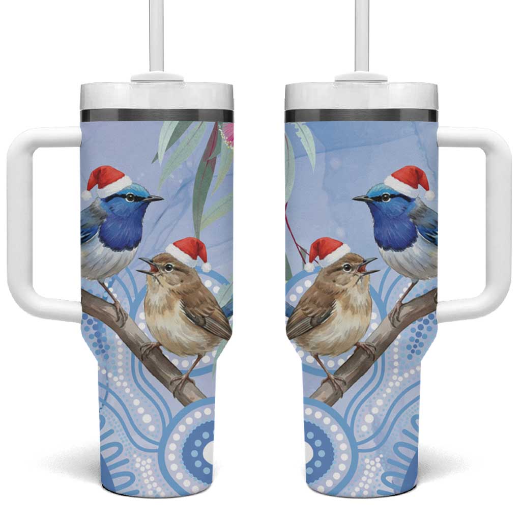 Australia Superb Fairywren Christmas Tumbler With Handle Aboriginal Eucalyptus Blossoms Watercolor - Aussie Hoodie