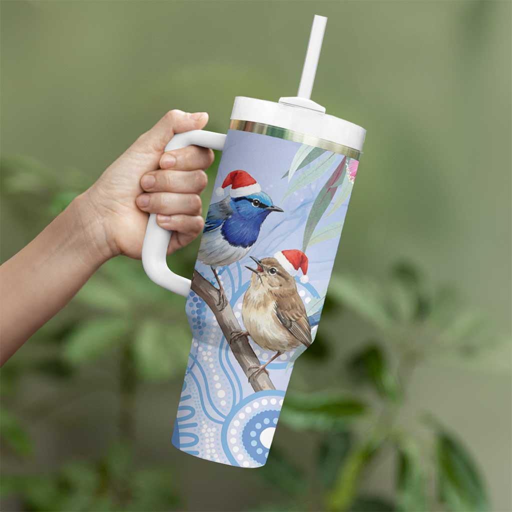 Australia Superb Fairywren Christmas Tumbler With Handle Aboriginal Eucalyptus Blossoms Watercolor - Aussie Hoodie