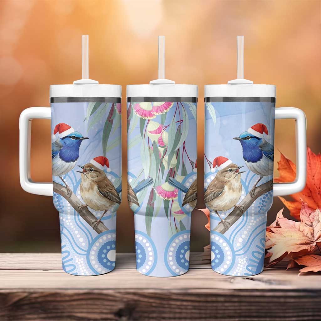 Australia Superb Fairywren Christmas Tumbler With Handle Aboriginal Eucalyptus Blossoms Watercolor - Aussie Hoodie