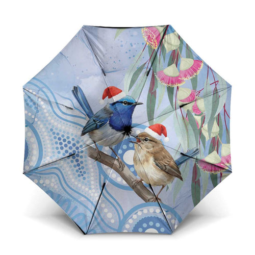 Australia Superb Fairywren Christmas Umbrella Aboriginal Eucalyptus Blossoms Watercolor - Aussie Hoodie