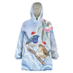 Australia Superb Fairywren Christmas Wearable Blanket Hoodie Aboriginal Eucalyptus Blossoms Watercolor - Aussie Hoodie
