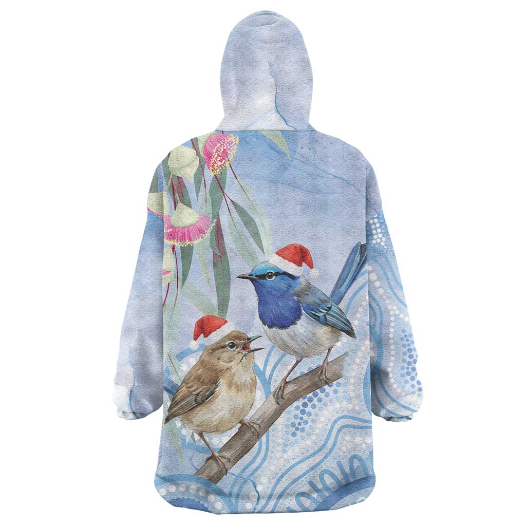 Australia Superb Fairywren Christmas Wearable Blanket Hoodie Aboriginal Eucalyptus Blossoms Watercolor - Aussie Hoodie