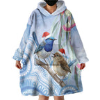 Australia Superb Fairywren Christmas Wearable Blanket Hoodie Aboriginal Eucalyptus Blossoms Watercolor - Aussie Hoodie