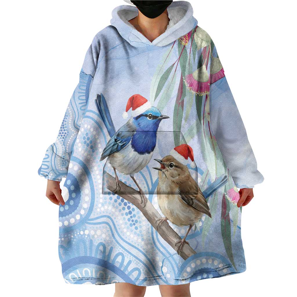 Australia Superb Fairywren Christmas Wearable Blanket Hoodie Aboriginal Eucalyptus Blossoms Watercolor - Aussie Hoodie