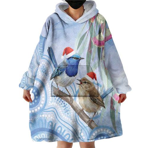 Australia Superb Fairywren Christmas Wearable Blanket Hoodie Aboriginal Eucalyptus Blossoms Watercolor - Aussie Hoodie